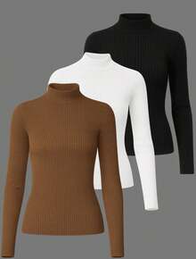 Set Of 3 Turtleneck Long Sleeve Blouses - Super ! - Brown White Black - View 1