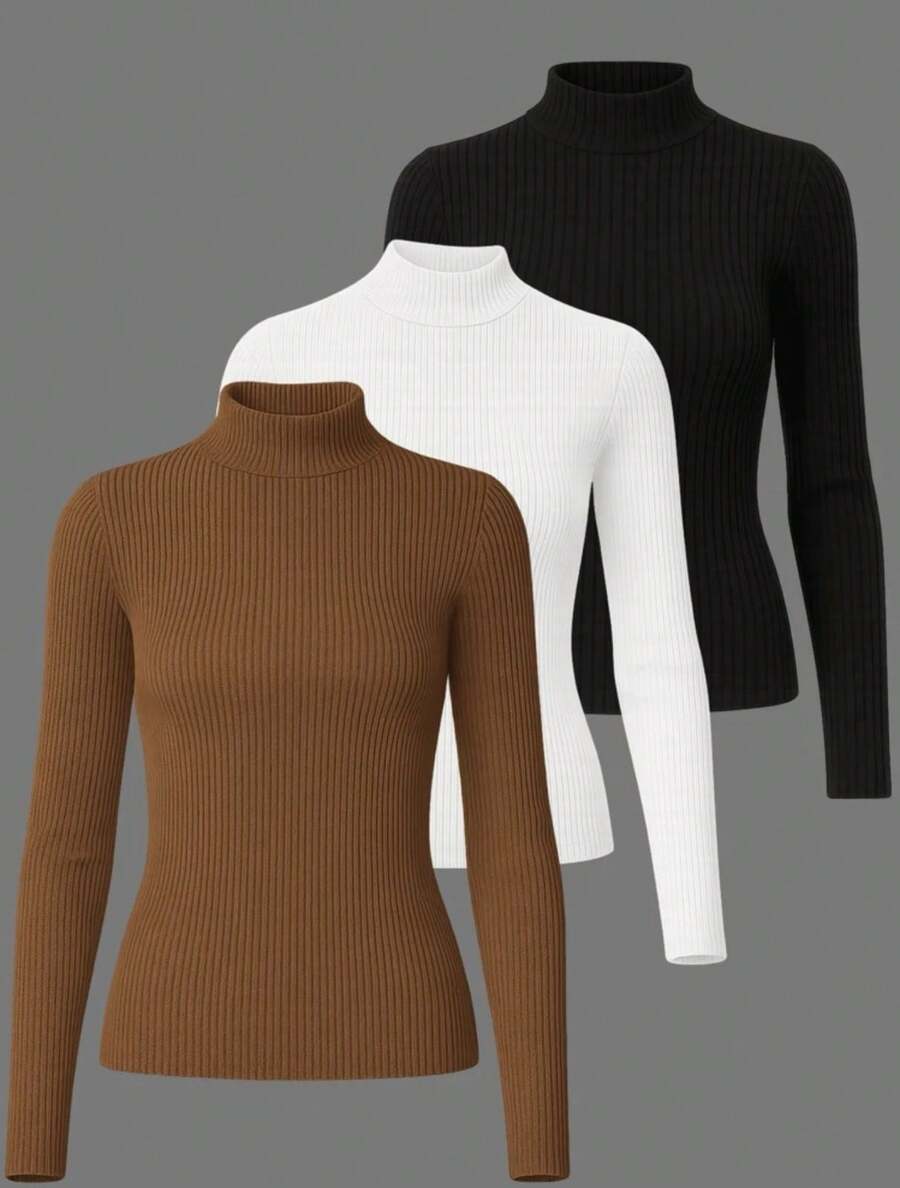 Set Of 3 Turtleneck Long Sleeve Blouses - Super ! - Brown White Black - View 1