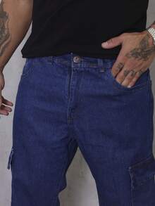 Calça Masculina Cargo Jeans Perna Larga Preta Marmorizada sem Elastano - Azul Escuro - Visão 3