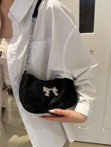 Ozdobne detale z klamrą, przeszycia, torba na ramię z łańcuszkiem, damska torba na ramię z ozdobną klamrą, torba typu hobo w stylu ulicznym, zestaw małej/średniej torebki i portfela, odpowiednia na zakupy, randki, prezent dla kobiet, odpowiednia dla nastolatek, studentek, do pracy, biznesu, dojazdów do pracy - Czarne - Zobacz 4