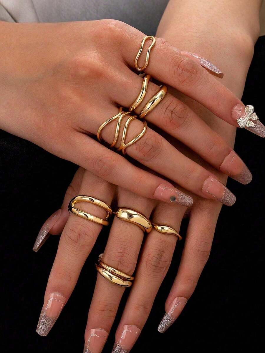 7pcs Gold Metal Thick Ring Set, A Complete Curated Stack Of Minimalist Criss-Cross Rings For Women. The Ultimate Stackable Jewelry Gift For Valentine's Day, New Year & Back To School Style. - Gold - View 1