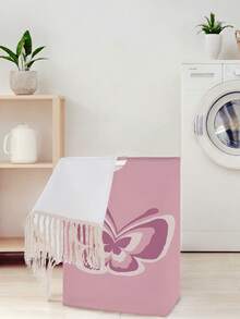 1pc Butterfly Pattern Printed Open-Top Storage Box, Foldable Storage Laundry Basket Bag With Wooden Handle, Home Bathroom Collapsible Dirty Clothes Hamper - Multicolor - View 5