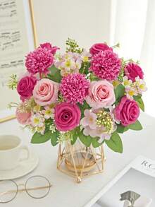 1pc/3pcs Artificial Silk Rose, Daisy, Dandelion Flower Bouquet, Wholesale For Wedding, Home, Party Decoration, Tabletop Centerpiece - Hot Pink - View 4