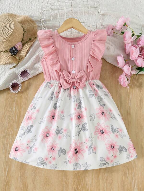 Toddler Girls' Sleeveless A-Line Pink Floral Print Dress With Ruffle And Button Details, Suitable For Spring/Summer Outdoor Gatherings And Everyday Wear