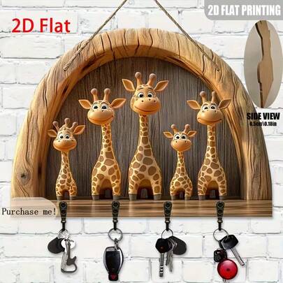 2D Flat, 1pc Vintage Wooden Key Holder With 4 Metal Hooks - Adorable Deer Scenery Wall Decor, 11.8"X8.8", Easy To Install, Ideal Holiday Gift, Suitable For Home, Porch Or Villa, Deer Themed Home Decor, Key Organizer, Quirky Design, Natural Finish, 2D Flat