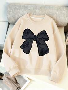 2pcs/Set Teenage Girls Bow Print Crew Neck Sweatshirt + Pants Set, New Fashionable Casual Outfit Suitable For Travel - Apricot - View 3