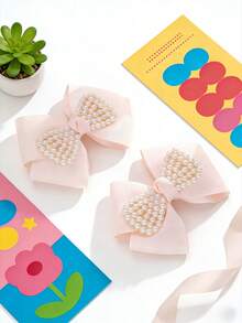 2 chiếc kẹp tóc nơ kiểu Hàn Quốc tối giản màu be đính ngọc trai - Màu be - Xem 4