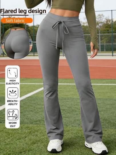 1PC Women'S High Waist Flare Yoga Pants Stretchy Skinny Fit With Drawstring Waistband Solid Color For Fitness Sports Fabric All Season Wear Casual Wear Legging High Waist Jogger Pants