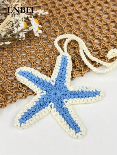 ENBEI 1pc Handmade Crochet Blue & White Starfish Hanging Decor, Beach Themed Bag/Wallet Accessory. It Can Be Used To Decorate Beach Bags And Wallets, A Perfect Accessory For Daily Wear For Women, As Well As A Must-Have For Travel And Cruises, An Ideal Gift For Couples.