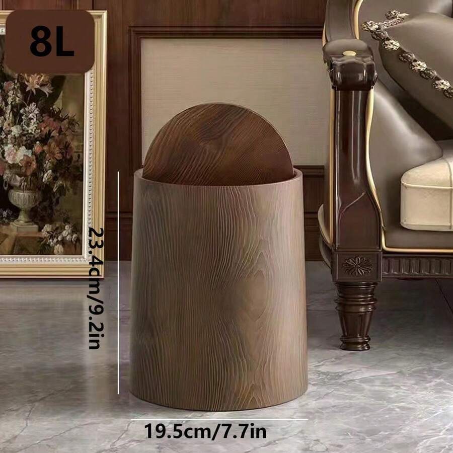 1pc 8L Wood Grain Trash Can, All-In-One Garbage Bin For Kitchen, Bathroom, Bedroom, With Lid, Narrow Design Saves Space, Household Essential - Multicolor - View 1