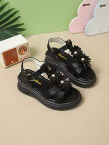 2026新款女童高跟凉鞋，黑色3D花朵珍珠公主鞋，黑色厚底罗马凉鞋，适合海滩、休闲、派对、学校等场合。 - 黑色 - 查看 3