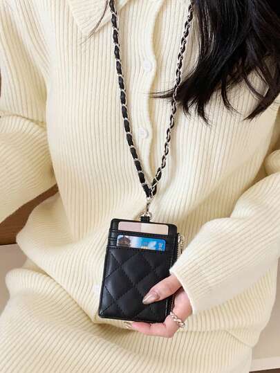 RFID Blocking Quilted Card Holder With Lanyard - Multi-Functional Leather ID Wallet With Zipper Coin Pouch For Women For Men Money Wallet Mini Wallet Purse Wallet Small Wallet Card Wallet