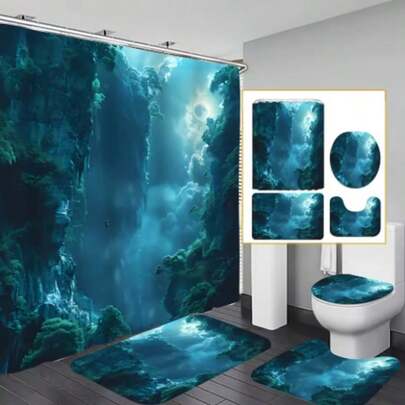 1/4Pcs Extreme Adventure Printed Shower Curtain Set, Decorative Bathroom Set Includes Waterproof Shower Curtain, Non-Slip Floor Mat, Toilet Seat Cover, Bath Mat And 12 Plastic Hooks, Bathroom Accessories, Home Decor