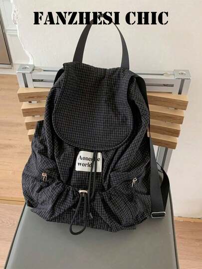 Large-Capacity Stylish Plaid Nylon Casual Backpack With Multiple Pockets, Waterproof, Lightweight, Foldable Drawstring Design, Letter Patches, Suitable As A Travel Bag Or For School Supplies, Portable, Classic Casual Style, Ideal For Women, Teenagers, And Primary And Secondary School Students For Use During The School Term, Outdoor Activities, And Various Occasions.