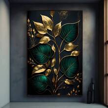 1幅现代深绿色和金色叶子帆布画，无框墙面装饰，适用于客厅和卧室，尺寸50x70厘米/19.68x27.55英寸 - 1 - 查看 4