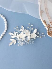 1pc Elegant White Flower & Pearl Crystal Hair Clip, Bridal Wedding Headpiece, Valentine's Day/Date Night Hair Accessory - White - View 3