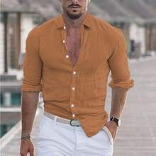 2026 New Men's Summer Cotton-Linen Collared Beach Shirt Long-Sleeve Solid Color Hawaiian Holiday Attire - Hồng - Xem 5