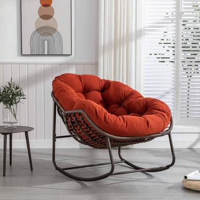 Indoor/Outdoor Sofa Chair, Oversized Rattan Rocking Chair With Thick Cushion, Ideal For Balcony, Front Porch, Garden, Backyard, Multicoloured Optional.