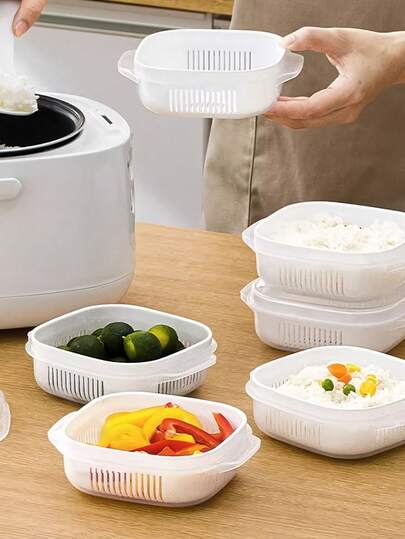3/6pcs Frozen Rice Box, Leak-Proof Sealed With Removable Funnel Basket, Suitable For Preserving Fruits, Vegetables, Rice, Microwave , Portable Food Container, Kitchen Organizer, Refrigerator Storage Box. Convenient, Practical And Durable Household Essential.