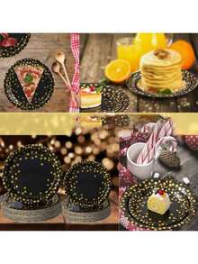 10/20/50pcs 9inch/7inch Black Dotted Paper Plates - Premium Disposable Tableware Suitable For Parties, Weddings And Fine Dining (Unbleached Pulp) - Gold Dot Black - View 5