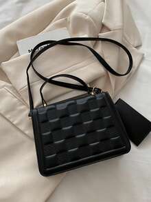 泡泡纹理时尚手提包、链条单肩包、简约方形斜挎包 - 黑色 - 查看 8