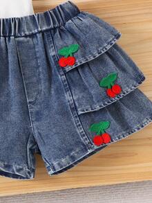 2pcs Girls Vintage Cute Cherry Embroidered Ruffle Trim Tank Top + Denim Skirt Outfit, Summer - White - View 7
