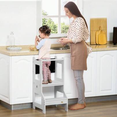 2-In-1 Kitchen Step Stool & Table Chair Set, Versatile With Securty Rail And Chalkboard For Kitchen & Bathroom