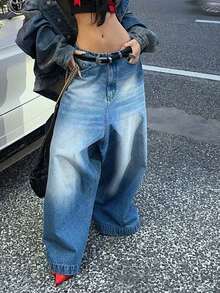 女士带口袋纽扣休闲百搭日常穿着阔腿牛仔裤 - 中等水洗藍 - 查看 3