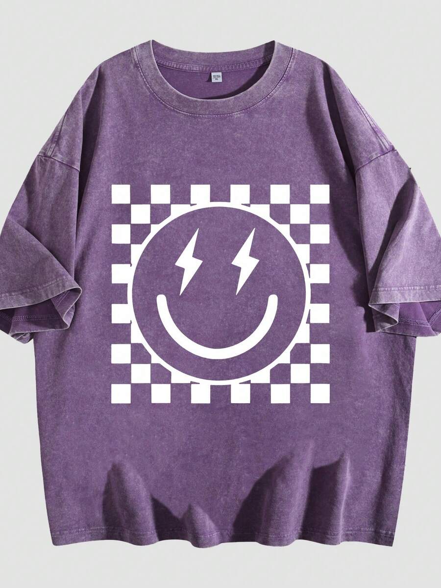 Vintage Washed Smile Face Lightning T-Shirt | Checkered Grid Graphic Tee | 100% Cotton Oversized Streetwear - Màu tím - Xem 1