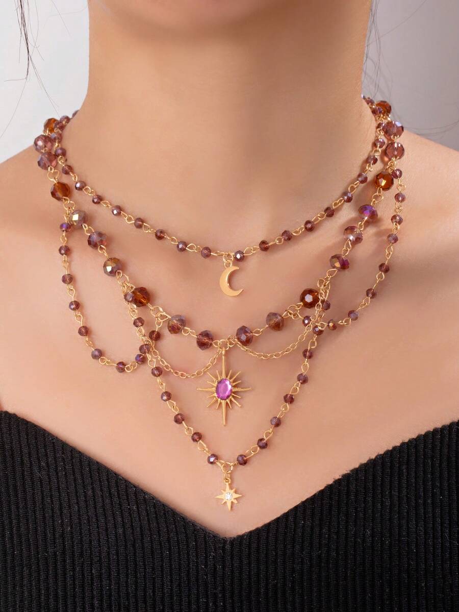 1pc Bestselling Multi-Layer Sun, Star, Moon Tassel Pendant Niche Design Crystal Beaded Choker Necklace - Multicolor - View 1