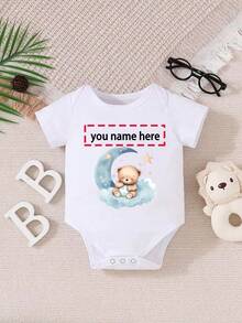 [Customized] Newborn Short Sleeve Romper, Support Customized Personalized DIY Name, Cute Bear Print Design, Unisex New Crawler, Knitted Fabric, Minimalist Design, Easy Care Clothing, Suitable For Daily Wear - أبيض - مشاهدة 1