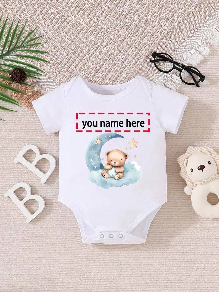 [Customized] Newborn Short Sleeve Romper, Support Customized Personalized DIY Name, Cute Bear Print Design, Unisex New Crawler, Knitted Fabric, Minimalist Design, Easy Care Clothing, Suitable For Daily Wear - أبيض - مشاهدة 1