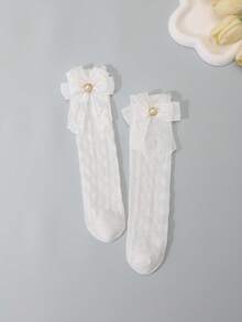 3 pares de calcetines de malla de unicolor con lazo de perlas en capas para niñas, transpirables y ligeros para primavera/verano - Multicolor - Ver 5