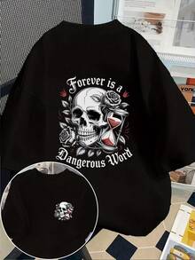 Große Größen Totenkopf- und Buchstaben-Muster Lässig Rundhals Kurzarm T-Shirt, Sommer Schwarz - Schwarz - Übersicht 1