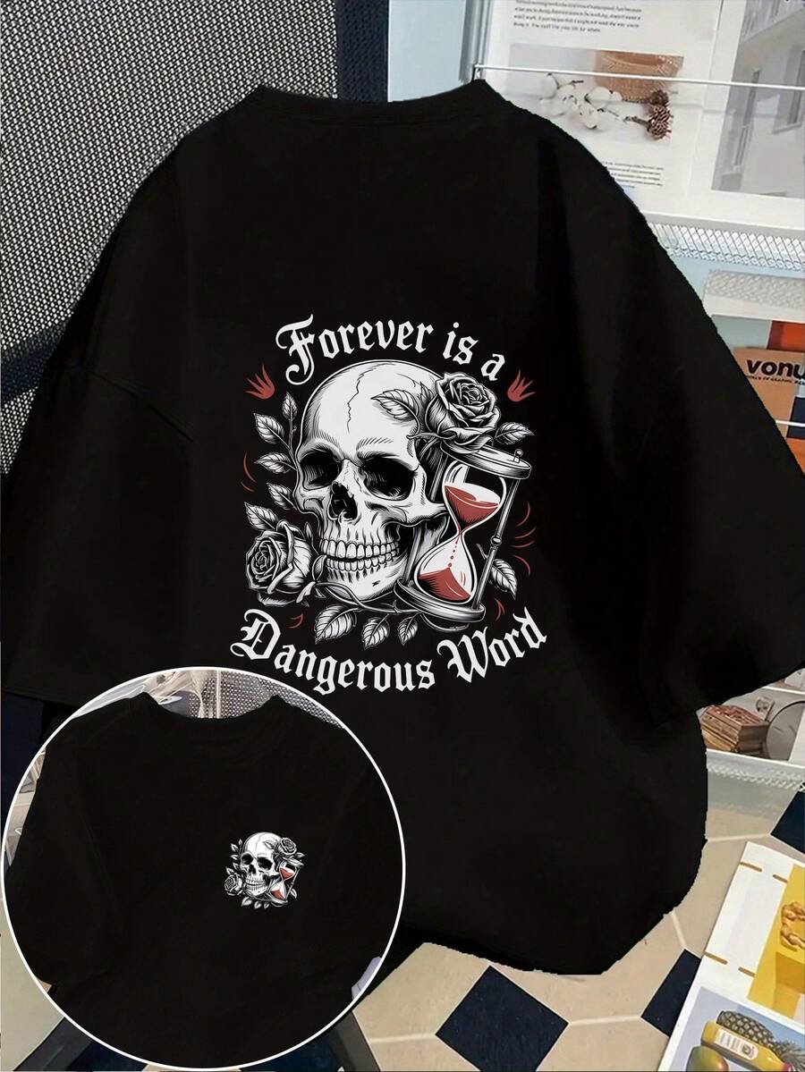 Große Größen Totenkopf- und Buchstaben-Muster Lässig Rundhals Kurzarm T-Shirt, Sommer Schwarz - Schwarz - Übersicht 1