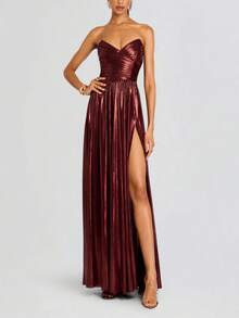 Women's New Metallic Color Strapless Waist-Cinching Sexy Off-Shoulder Dress - 紅色(25352) - 查看 9