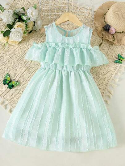 Girls' Cute Casual Round Neck Ruffle Sleeve Dress, Summer Sweet Striped Texture Dress, Lined Skirt, Suitable For Outdoor, Daily, Vacation And Party Wear