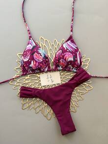 2026 Women's Summer Beach Watermelon Print Halter Tie Sexy Bikini Swimsuit Set Vacation - Blue - View 2