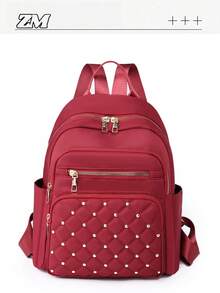 Mochila acolchada de gran capacidad con decoración de remaches, de estilo minimalista y de moda - Rojo - Ver 2