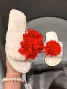 女士白色休闲毛绒拖鞋，室内3D大红花家居拖鞋，平底软底鞋礼品，女士棉质拖鞋，单趾露趾防滑软底毛绒女鞋 - 白色 - 查看 2