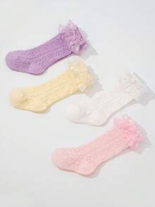 3 Pairs Random Children Lace Trim Ankle Socks, Sweet Princess Socks, Elegant Dance Socks - Multicolor - View 1