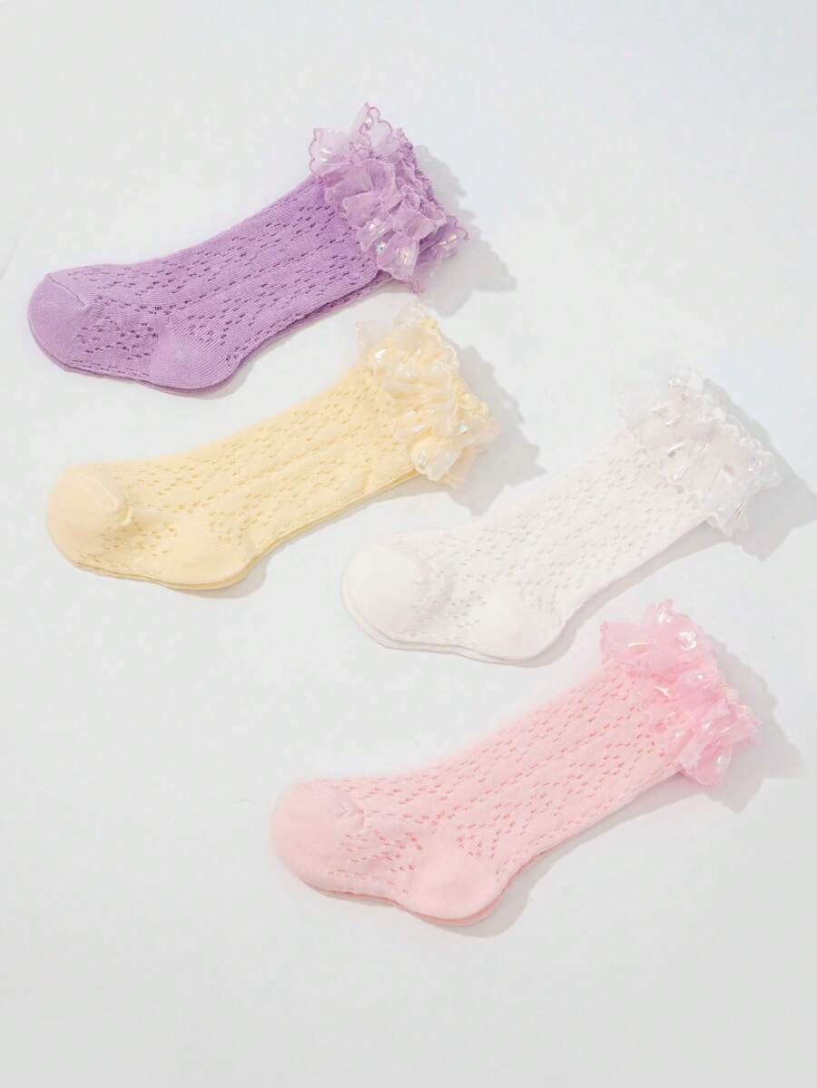 3 Pairs Random Children Lace Trim Ankle Socks, Sweet Princess Socks, Elegant Dance Socks - Multicolor - View 1