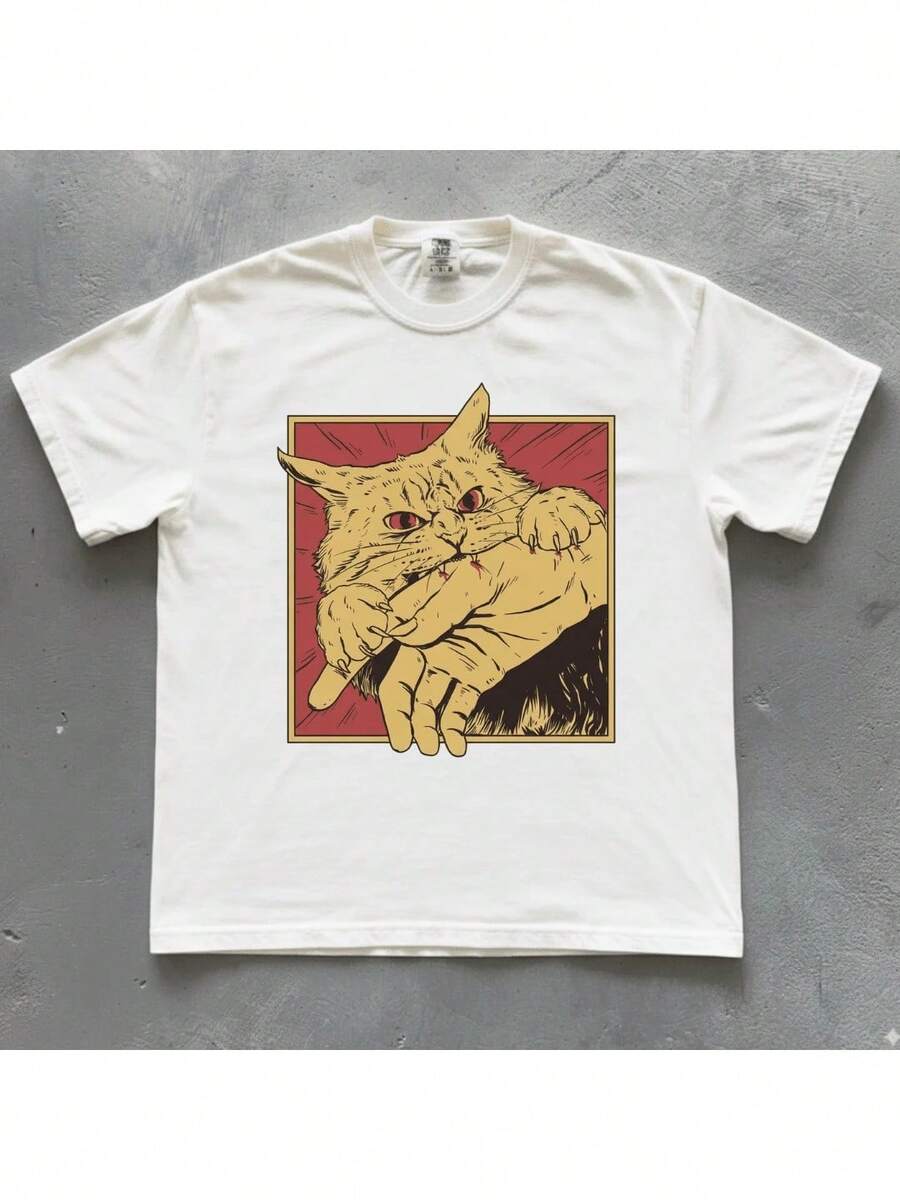 Vintage Cat T-Shirt, Retro Bite, Grunge, Authentic, Stylish, Regular Blogger Style - Blanco - Ver 1