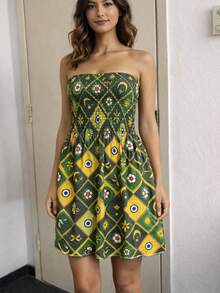Short Strapless Printed Dress With Elastic For Summer And Festivals, 2026 . - Green Brazil - View 2