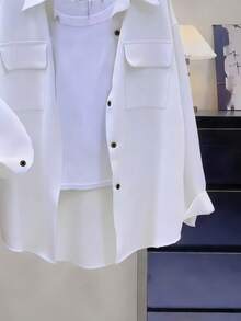 Chemisier à manches longues avec boutons blancs, col, coupe régulière en tissu tissé, convient pour le port décontracté - Blanc - Voir 3