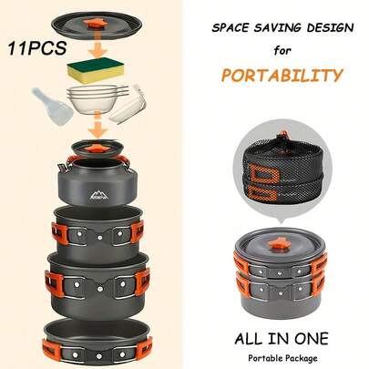 6-7 Person Camping Cookware Set, Includes Camping Kettle, Cooking Pot, Frying Pan, Tableware Set, Foldable And Compact For Storage, Outdoor Camping Cookware And Utensils, Suitable For Camping, Travel, RV, Picnic, Great Gift, Camping Equipment