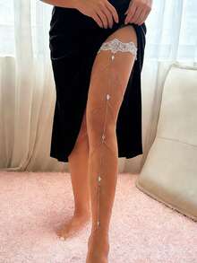 1pc European And American Sexy Beach Vacation Geometric Rhombus Crystal Alloy Chain Lace Elastic Leg Chain, Suitable For Women's Daily Party Outfit Matching - White - View 4