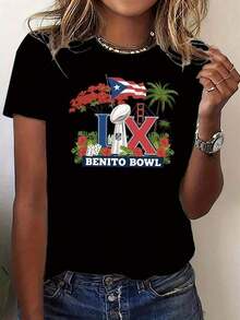 One-Piece Elegant Women'S-Shirt With Benito Bowl LX Print |     Featuring Trophy, Flags, Tropical Plants, Dice, Crew Neck, Short Sleeves, Casual Fit, Stretchable Fabric, Available In Multiple ColorsUnisex Casual-Shirts - 黑色 - 查看 6