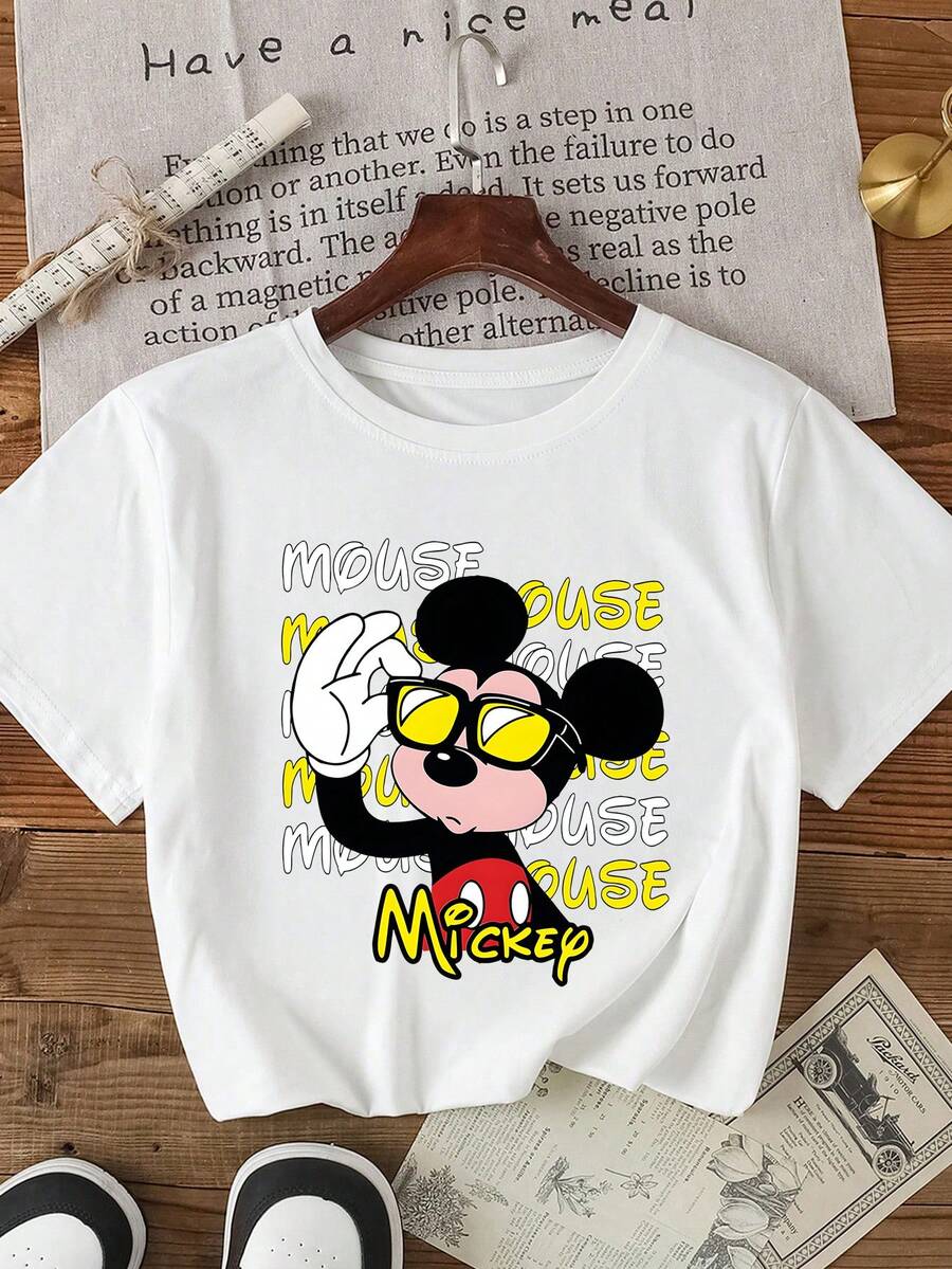 1pc Disney Cool Mickey Mouse Sunglasses Graffiti Print Tween Boys Casual T-Shirt, Soft & Breathable, Ideal For School & Outdoor Play - 白色 - 查看 1