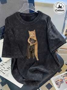 复古水洗趣味猫咪争吵瞬间印花T恤，时尚女款夏季T恤，节日礼物，完美礼物 - 水洗 - 查看 1